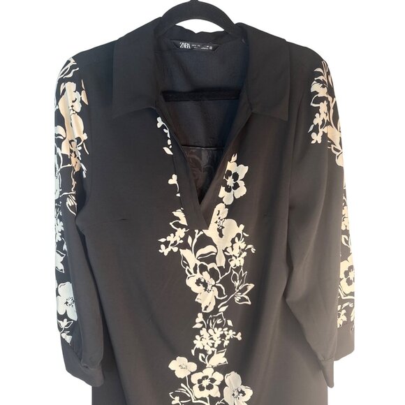 ZARA Large Black Floral Print Tunic Dress V-Neck 3/4 Sleeve Polyester/Elastane - Picture 7 of 12